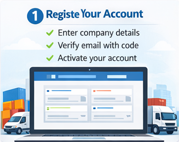 Obrazac za registraciju prijevoznika na ExusTransu s podacima o tvrtki i PDV-u te aktivacijom putem e-pošte